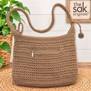 The Sak Originals Y2K Crochet Shoulder Bag Purse Taupe Tan Medallion Boho 7048